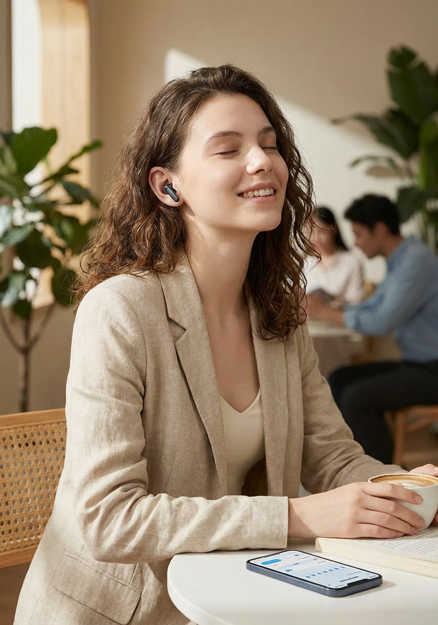 AI model wearing product earbuds
