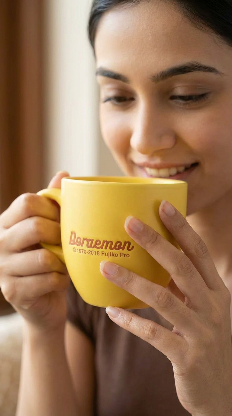 AI model holding a product mug
